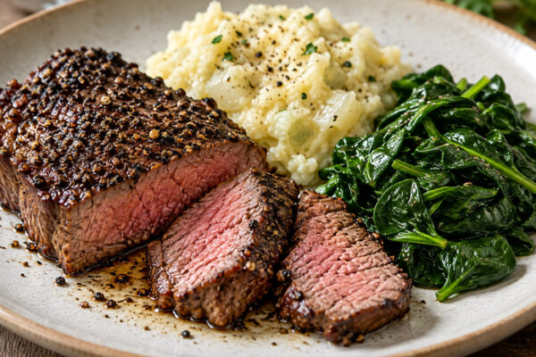 Pfeffer-Rindersteak mit Kohlrabistampf und Blattspinat