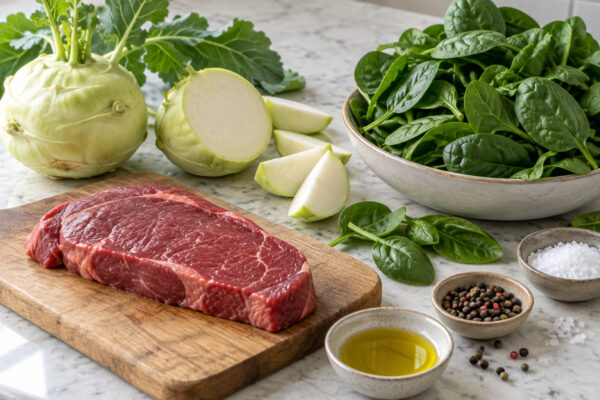 Pfeffer-Rindersteak mit Kohlrabistampf und Blattspinat