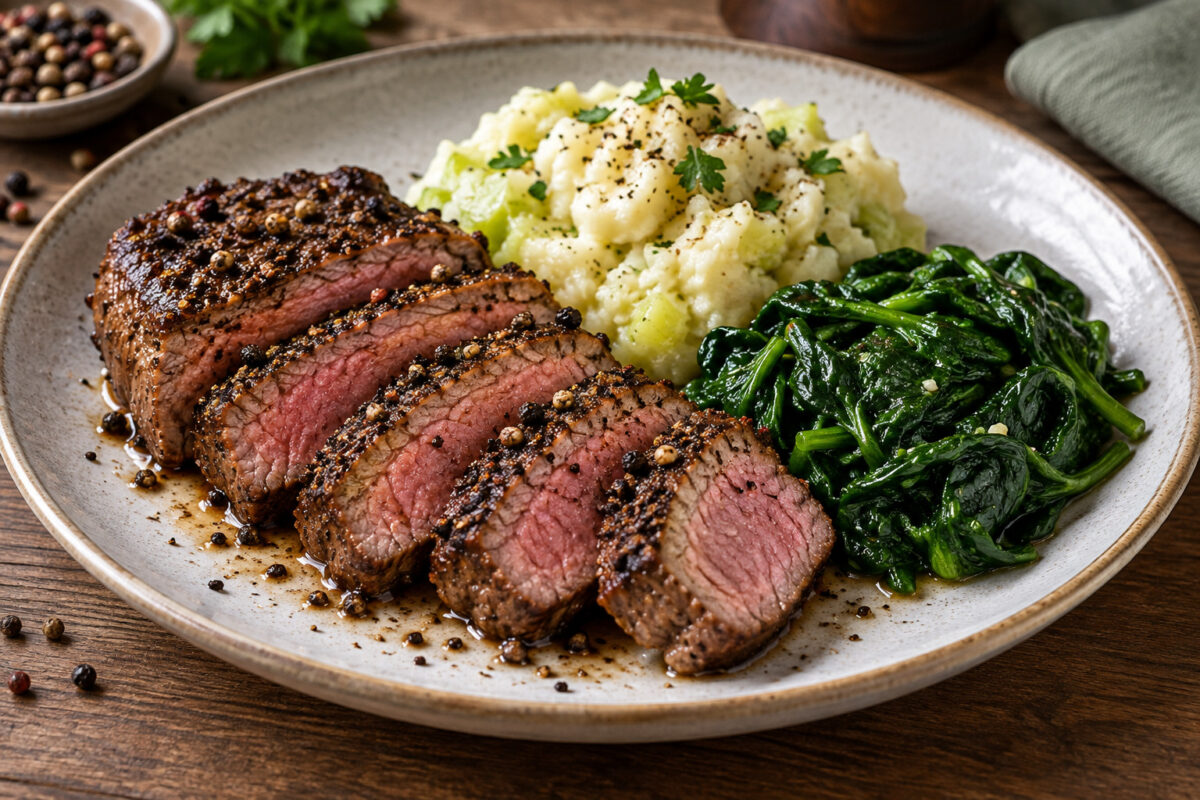 Pfeffer-Rindersteak mit Kohlrabistampf und Blattspinat