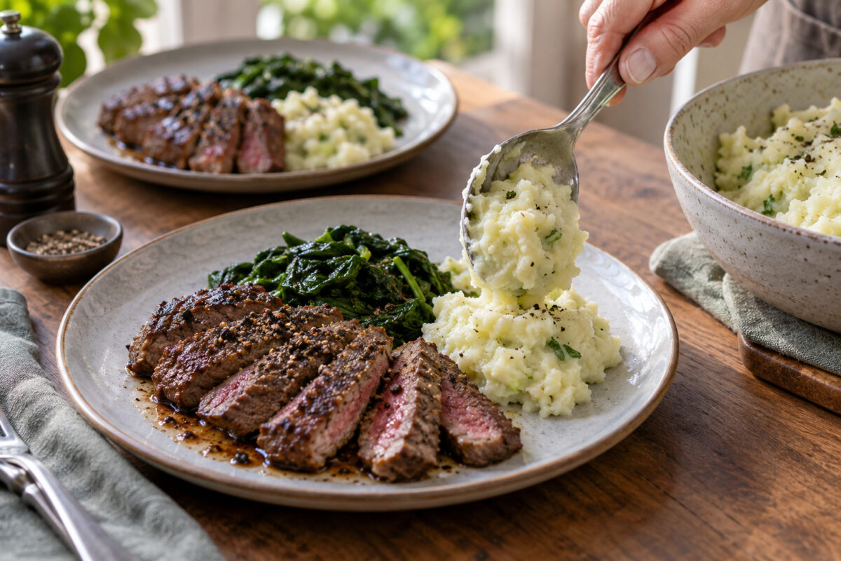 Pfeffer-Rindersteak mit Kohlrabistampf und Blattspinat