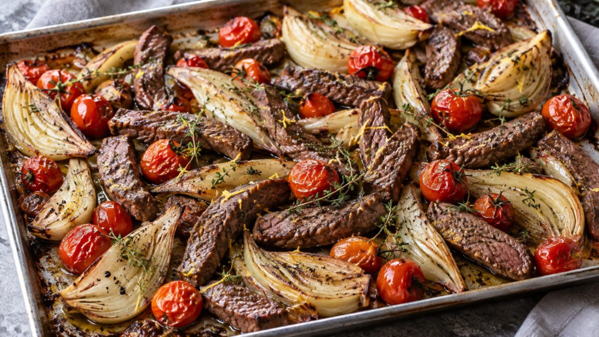Pfeffrige Rinderstreifen vom Blech mit Fenchel und Kirschtomaten