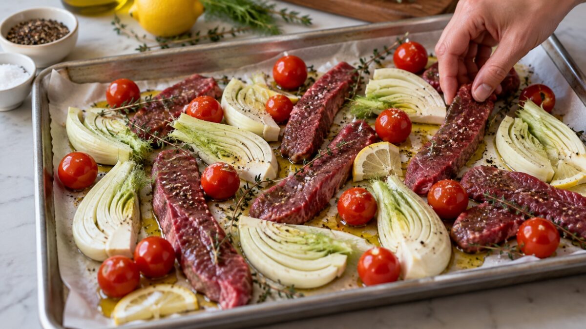 Pfeffrige Rinderstreifen vom Blech mit Fenchel und Kirschtomaten
