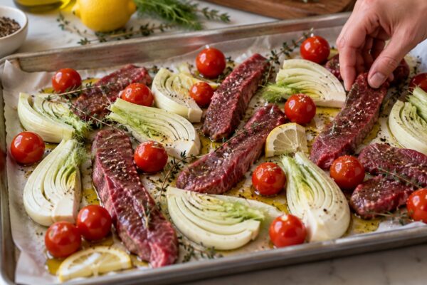 Pfeffrige Rinderstreifen vom Blech mit Fenchel und Kirschtomaten
