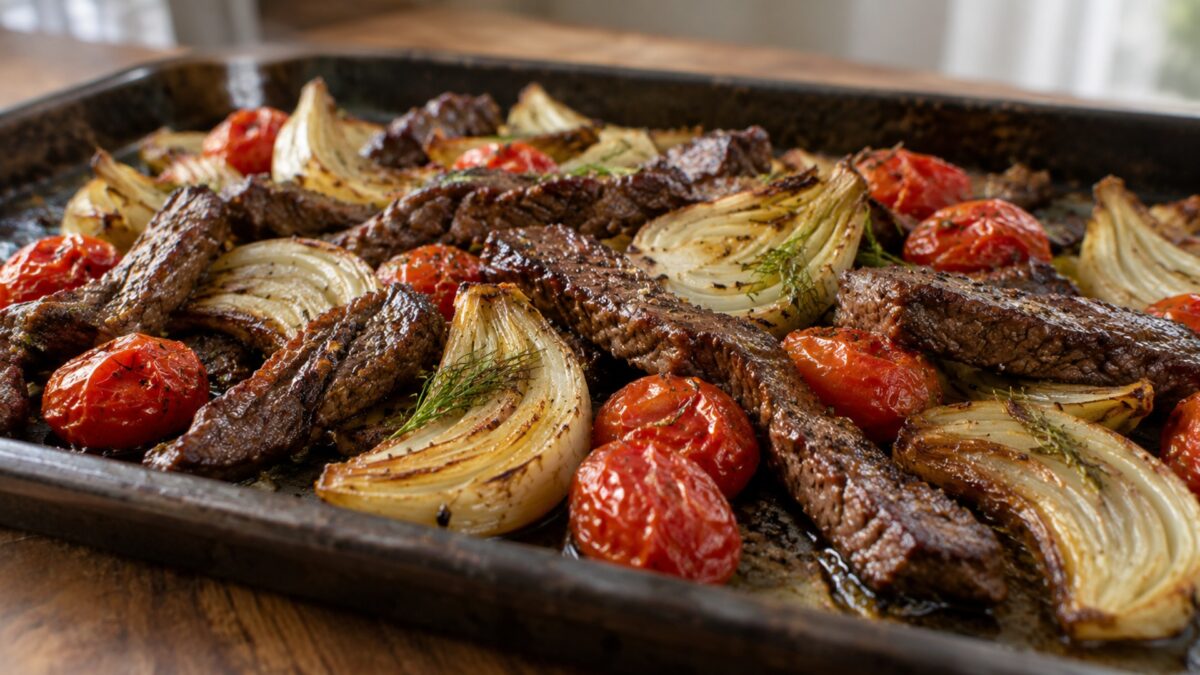 Pfeffrige Rinderstreifen vom Blech mit Fenchel und Kirschtomaten