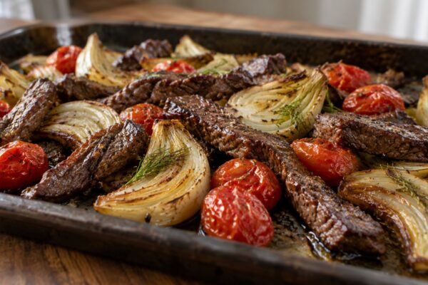 Pfeffrige Rinderstreifen vom Blech mit Fenchel und Kirschtomaten
