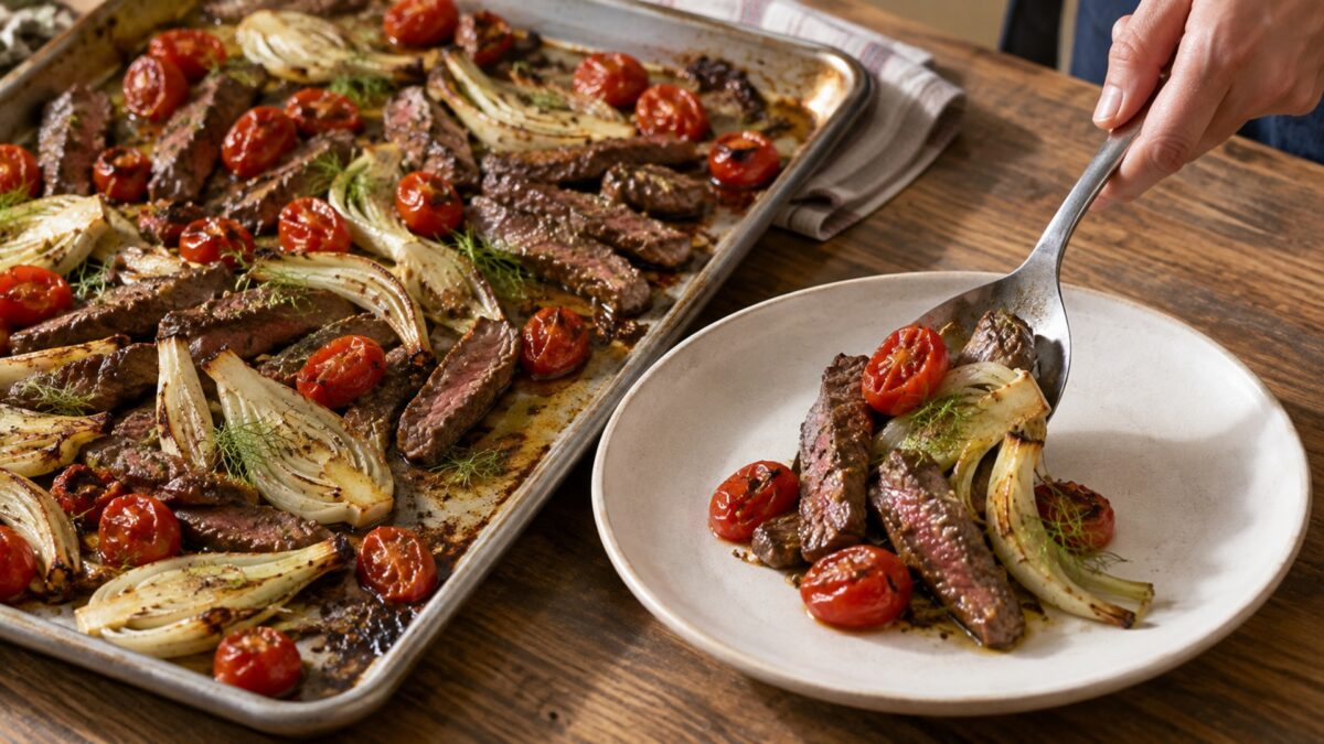 Pfeffrige Rinderstreifen vom Blech mit Fenchel und Kirschtomaten
