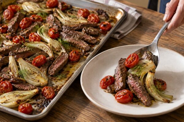 Pfeffrige Rinderstreifen vom Blech mit Fenchel und Kirschtomaten