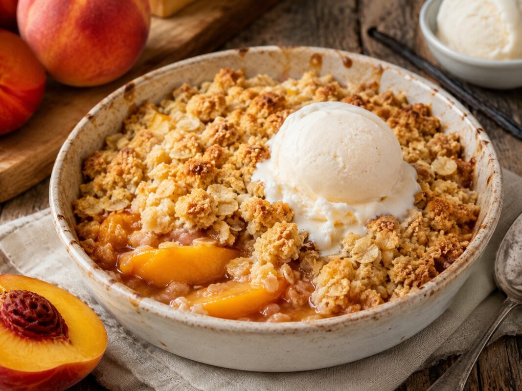 Warmer Pfirsich-Crumble in einer runden Ofenform, mit goldbraunen Streuseln und einer Kugel Vanilleeis.