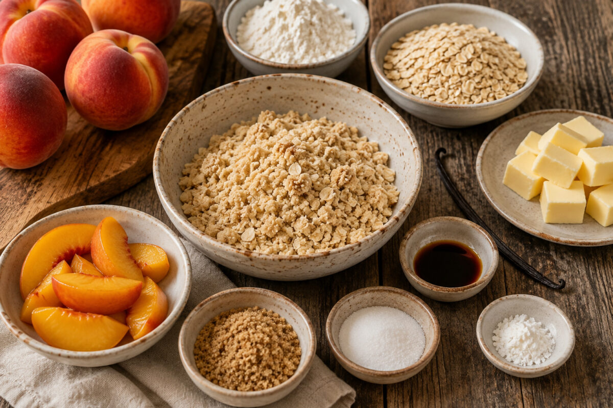 Zutaten- und Vorbereitungsansicht mit reifen Pfirsichen, Pfirsichspalten, Mehl, Haferflocken, Butter, braunem Zucker, Zucker, Speisestärke und Vanille für den Crumble.