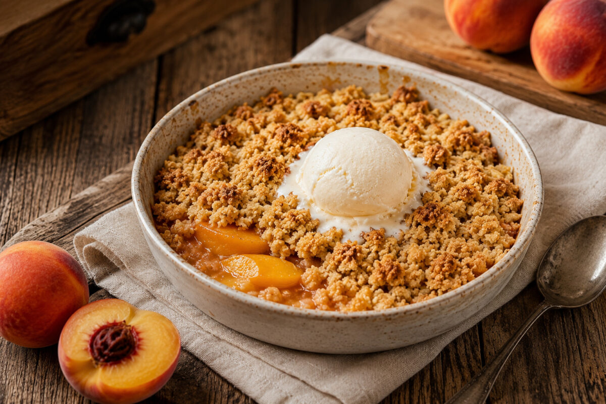 Fertiger Pfirsich-Crumble mit goldbraunen Haferstreuseln und Vanilleeis in rustikaler Keramik aus einer deutlich veränderten Perspektive.