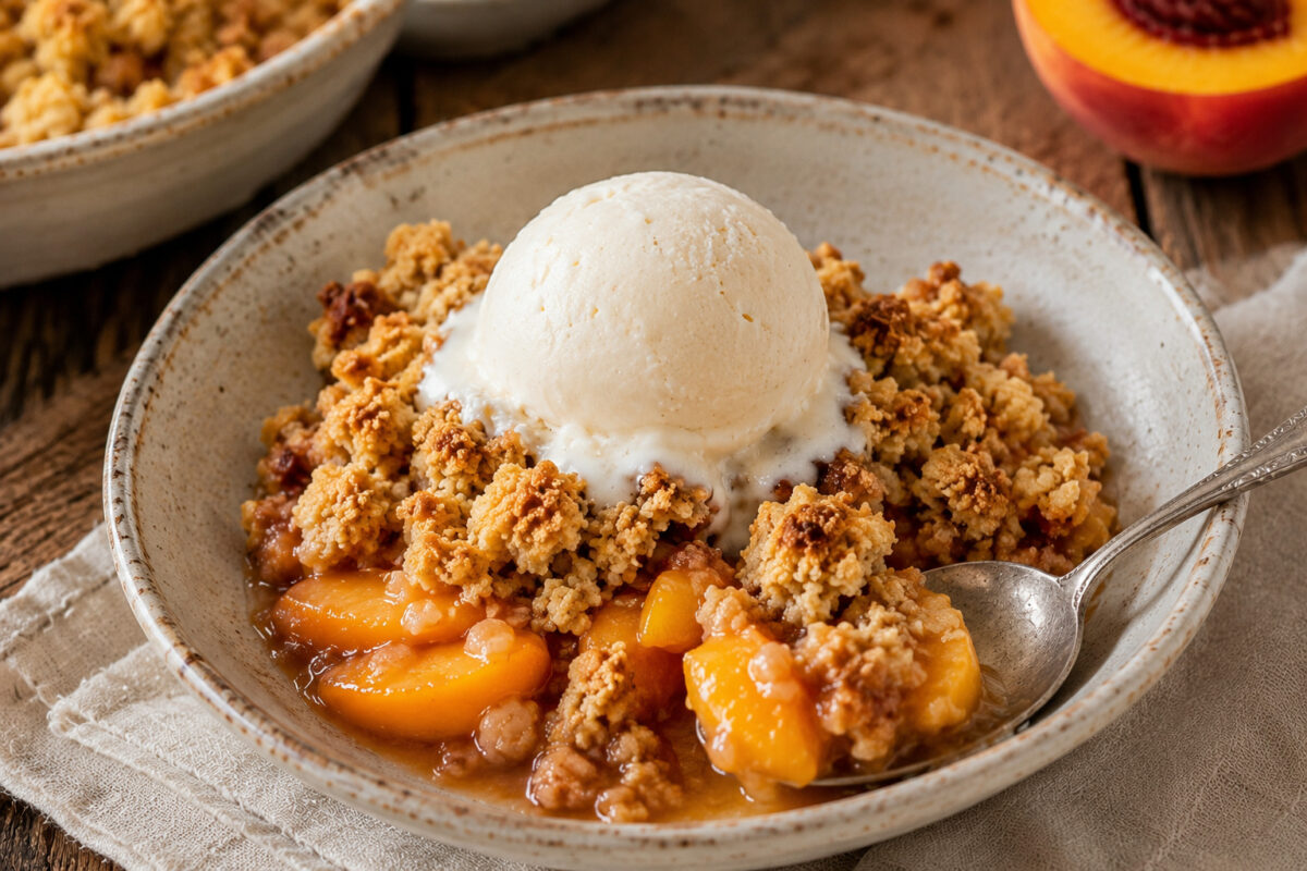 Angerichtete Portion Pfirsich-Crumble mit sichtbaren Pfirsichspalten, knusprigen Streuseln und einer Kugel Vanilleeis als eigenständige Detail- und Servieransicht.