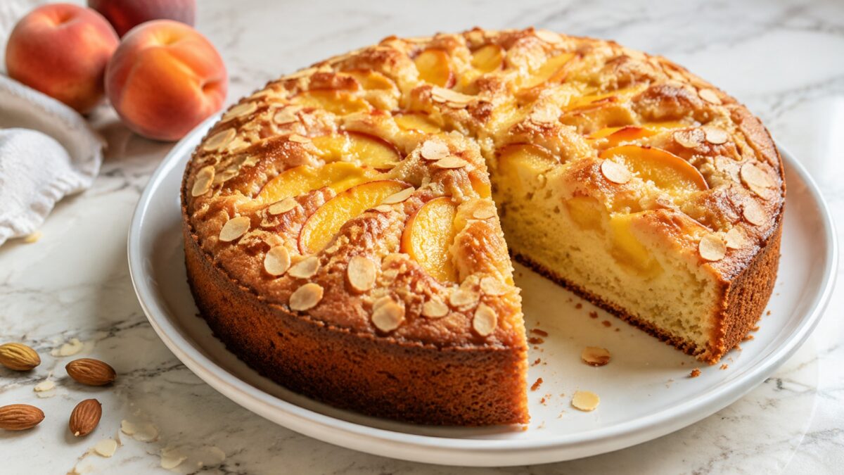Hauptansicht des fertigen Gerichts. Rezept: Pfirsich-Mandel-Kuchen