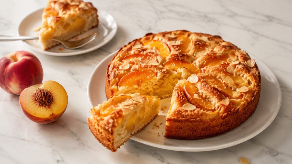 Fertiges Gericht aus alternativer Perspektive. Rezept: Pfirsich-Mandel-Kuchen