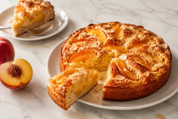 Fertiges Gericht aus alternativer Perspektive. Rezept: Pfirsich-Mandel-Kuchen