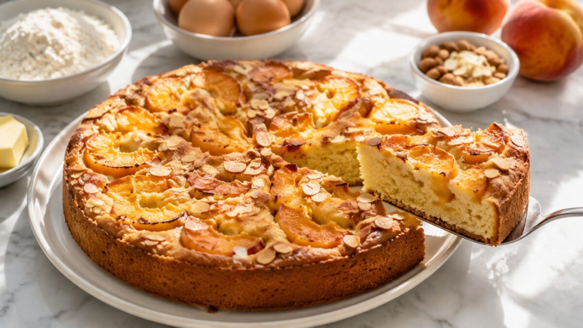 Servierszene mit dem fertigen Gericht. Rezept: Pfirsich-Mandel-Kuchen