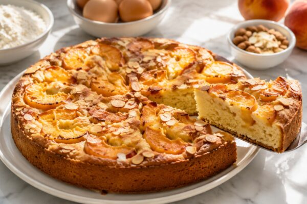 Servierszene mit dem fertigen Gericht. Rezept: Pfirsich-Mandel-Kuchen