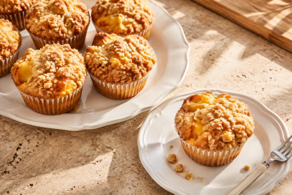 Servierszene mit dem fertigen Gericht. Rezept: Pfirsich-Streusel-Muffins