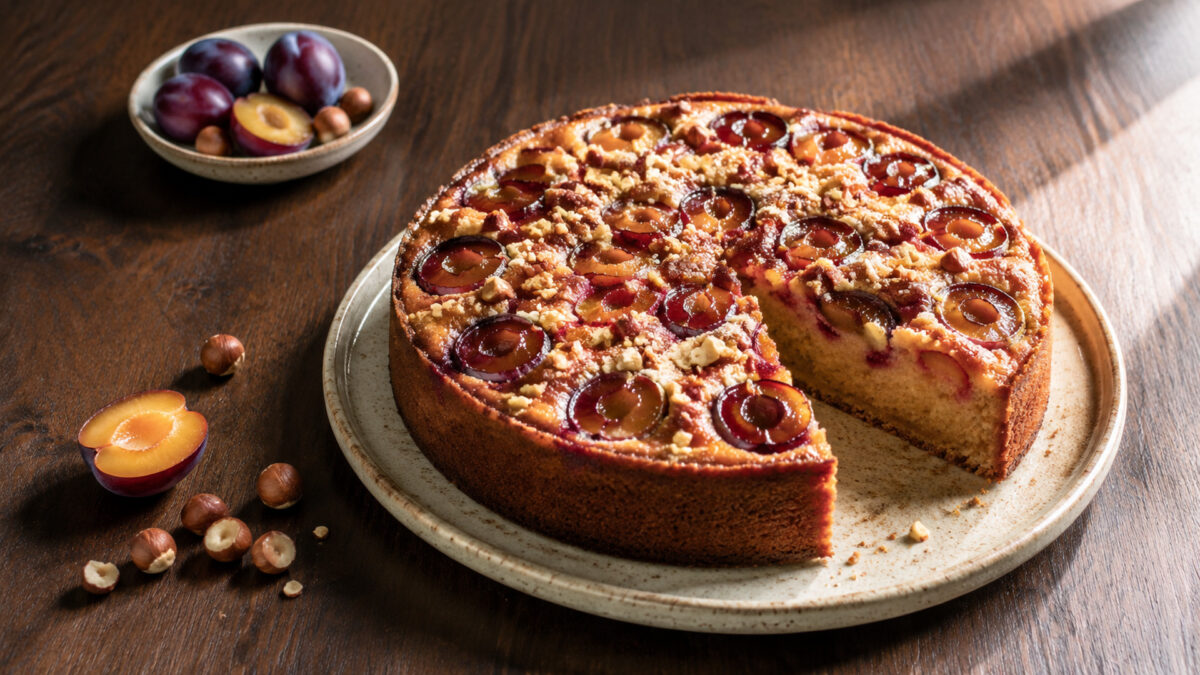Hauptansicht des fertigen Gerichts. Rezept: Pflaumen-Haselnuss-Kuchen