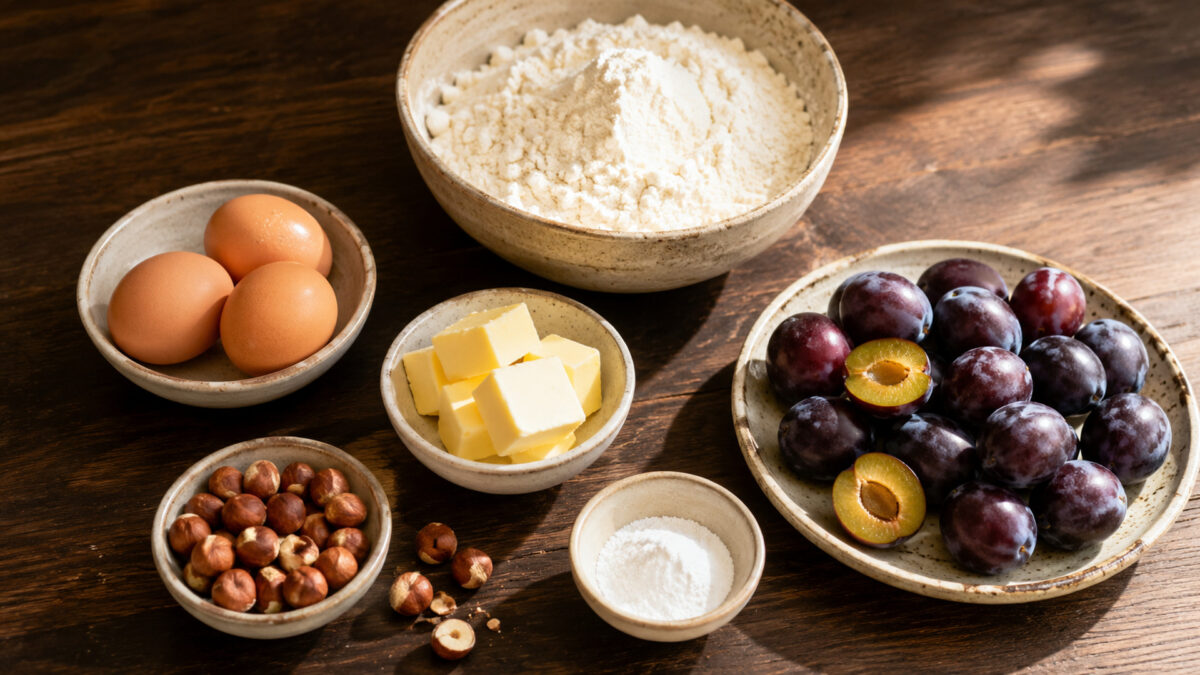 Zutaten- und Vorbereitungsansicht. Rezept: Pflaumen-Haselnuss-Kuchen
