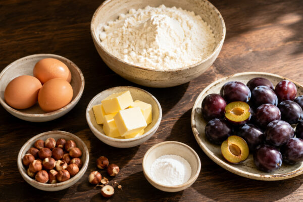 Zutaten- und Vorbereitungsansicht. Rezept: Pflaumen-Haselnuss-Kuchen