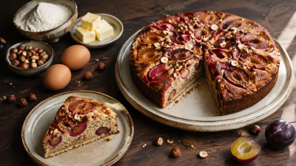 Servierszene mit dem fertigen Gericht. Rezept: Pflaumen-Haselnuss-Kuchen