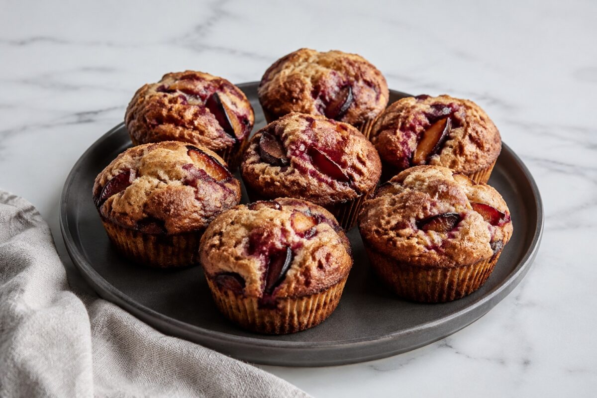 Hauptansicht des fertigen Gerichts. Rezept: Pflaumen-Zimt-Muffins