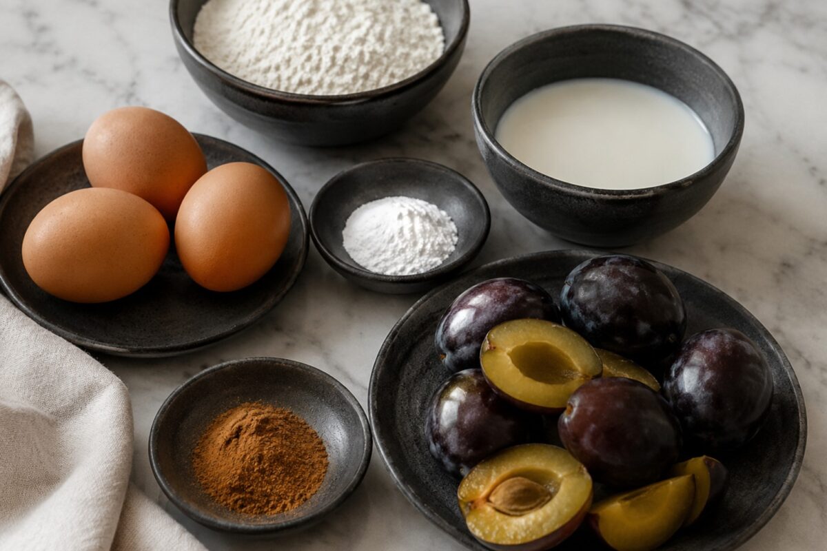 Zutaten- und Vorbereitungsansicht. Rezept: Pflaumen-Zimt-Muffins