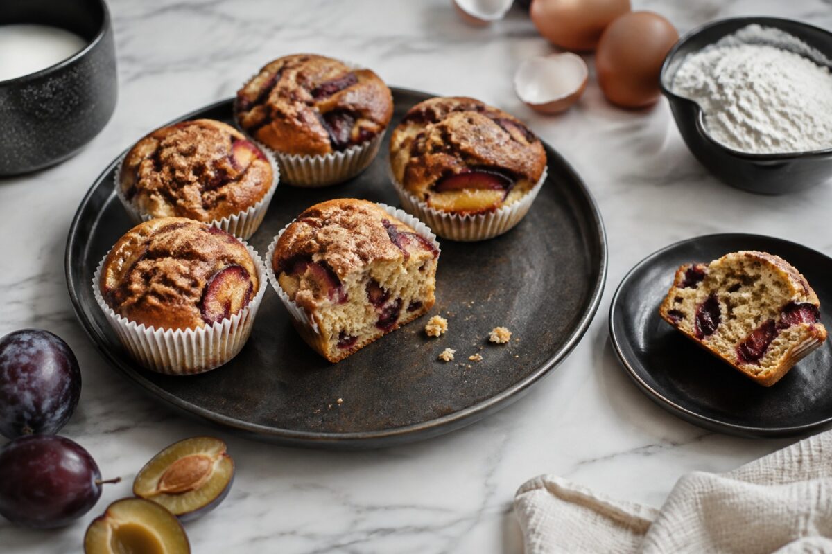 Servierszene mit dem fertigen Gericht. Rezept: Pflaumen-Zimt-Muffins