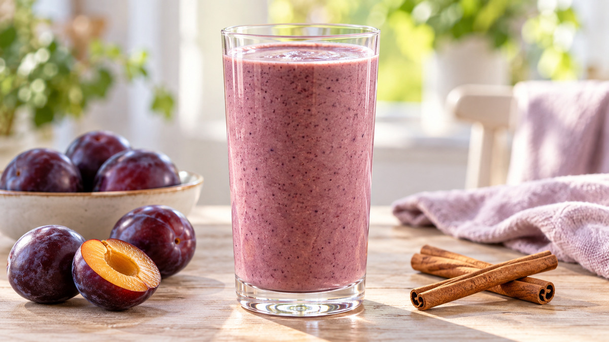 Pflaumen-Zimt-Smoothie: Fertiges Getränk als zentrales Hauptmotiv.
