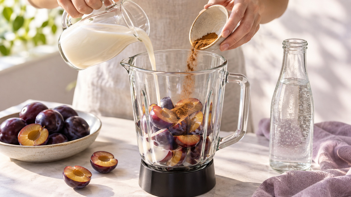 Pflaumen-Zimt-Smoothie: Verwendete Zutaten und nachvollziehbare Vorbereitung.