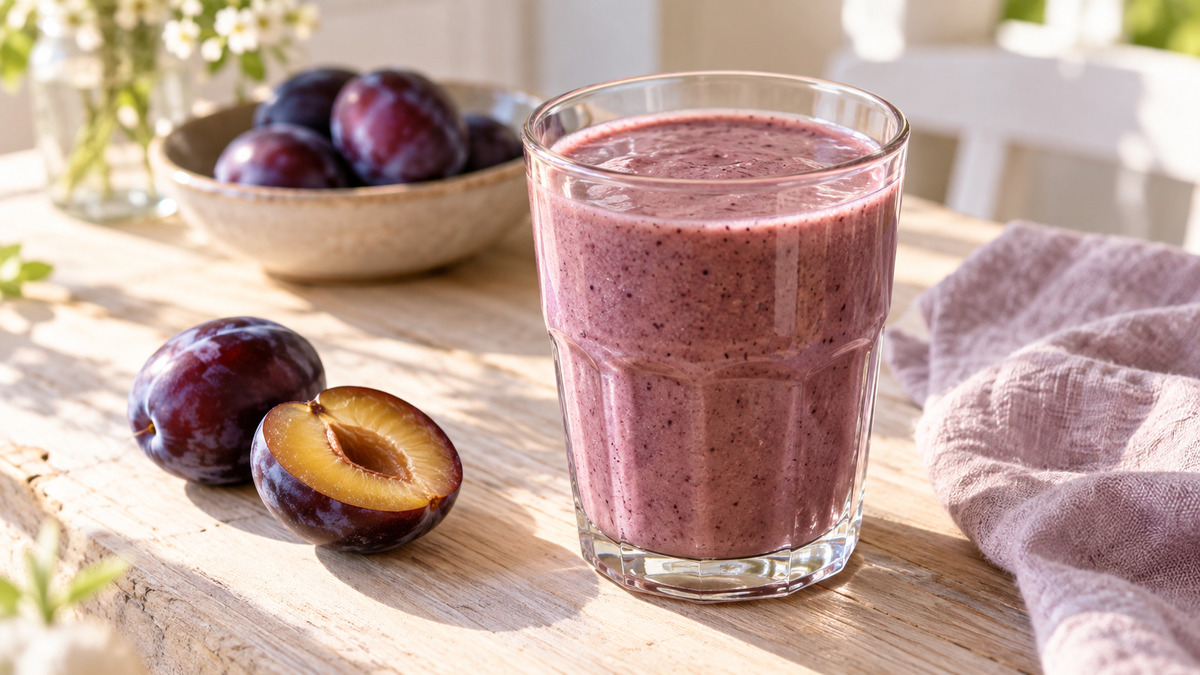 Pflaumen-Zimt-Smoothie: Fertiges Getränk aus einer alternativen Perspektive.