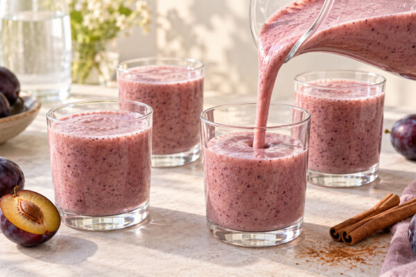 Pflaumen-Zimt-Smoothie: Alternative Anrichtung oder aktive Servierszene.