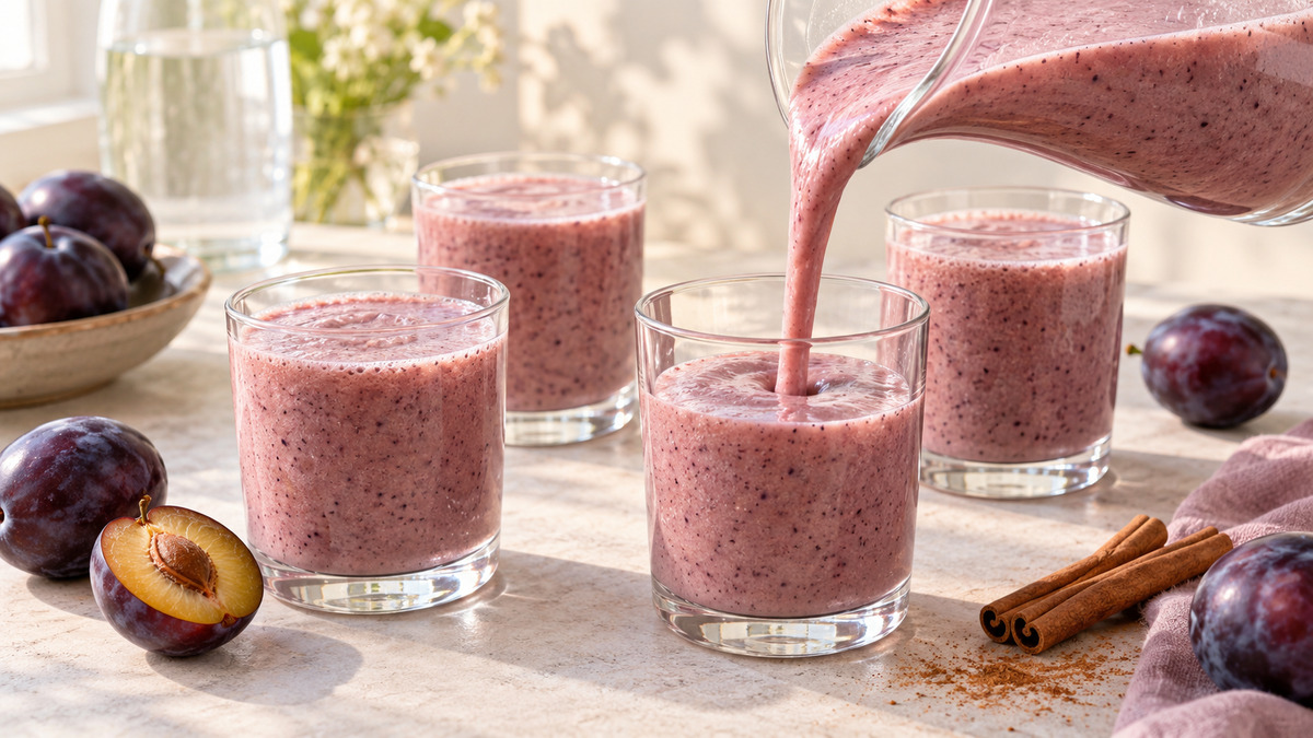 Pflaumen-Zimt-Smoothie: Alternative Anrichtung oder aktive Servierszene.