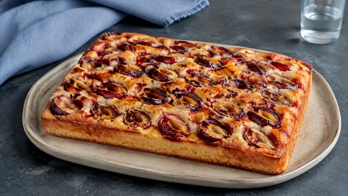 Hauptansicht des fertigen Gerichts. Rezept: Pflaumenkuchen mit Zimt