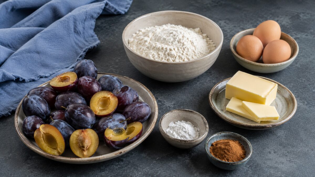 Zutaten- und Vorbereitungsansicht. Rezept: Pflaumenkuchen mit Zimt