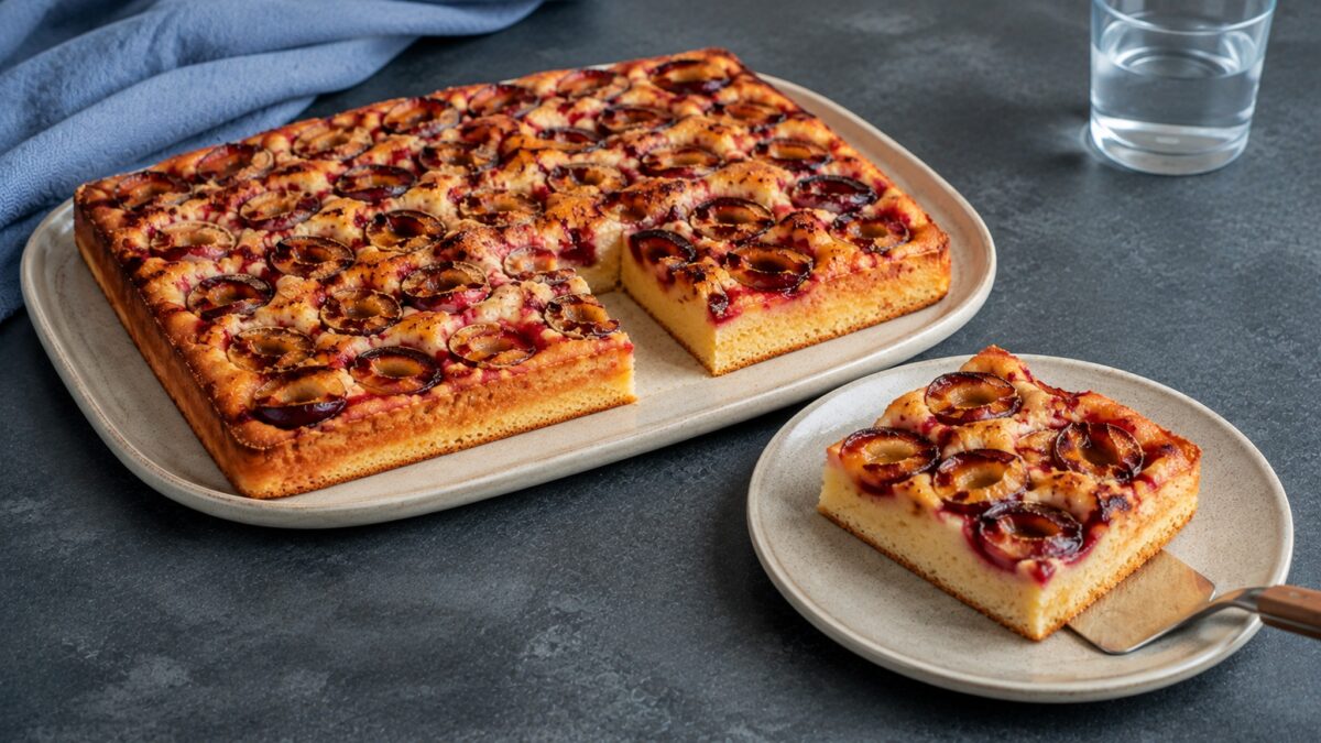Servierszene mit dem fertigen Gericht. Rezept: Pflaumenkuchen mit Zimt