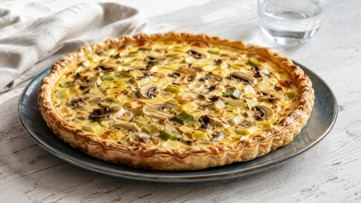 Hauptansicht des fertigen Gerichts. Rezept: Pilz-Lauch-Tarte mit laktosefreier Creme