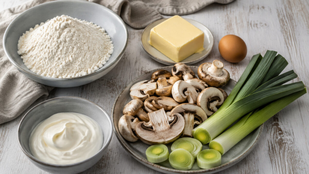 Zutaten- und Vorbereitungsansicht. Rezept: Pilz-Lauch-Tarte mit laktosefreier Creme