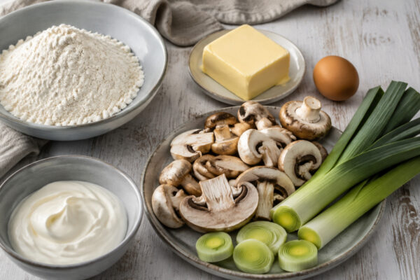 Zutaten- und Vorbereitungsansicht. Rezept: Pilz-Lauch-Tarte mit laktosefreier Creme