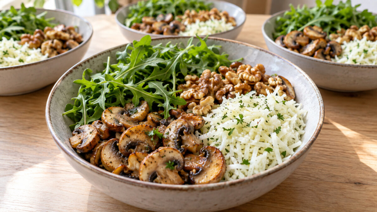 Pilz-Walnuss-Bowl mit Rucola und Kohlrabireis