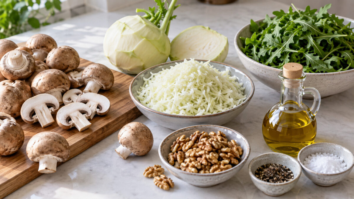 Pilz-Walnuss-Bowl mit Rucola und Kohlrabireis