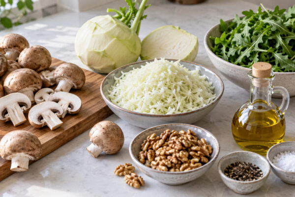 Pilz-Walnuss-Bowl mit Rucola und Kohlrabireis