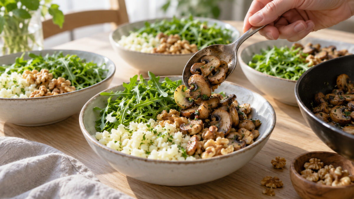 Pilz-Walnuss-Bowl mit Rucola und Kohlrabireis