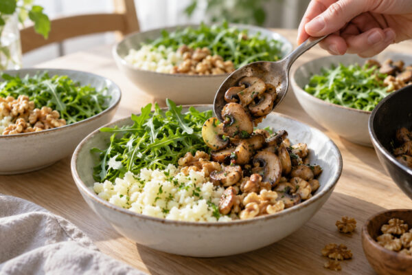 Pilz-Walnuss-Bowl mit Rucola und Kohlrabireis