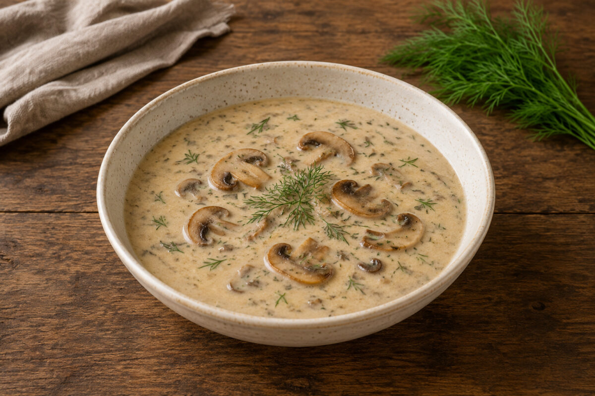 Fertige cremige Pilzsuppe mit sichtbaren Champignonscheiben und frischem Dill in heller gesprenkelter Keramikschüssel; leicht erhöhte Hauptperspektive.