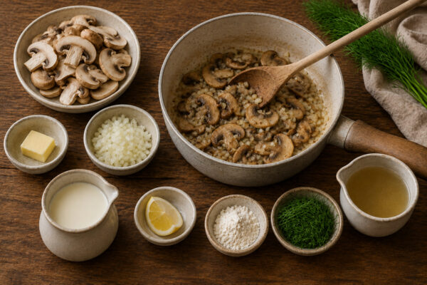 Vorbereitungsansicht mit Champignons, fein gewürfelter Zwiebel, Butter, Sahne, Brühe, Mehl, Zitrone und Dill sowie angeschwitzten Pilzen und Zwiebeln im Topf.