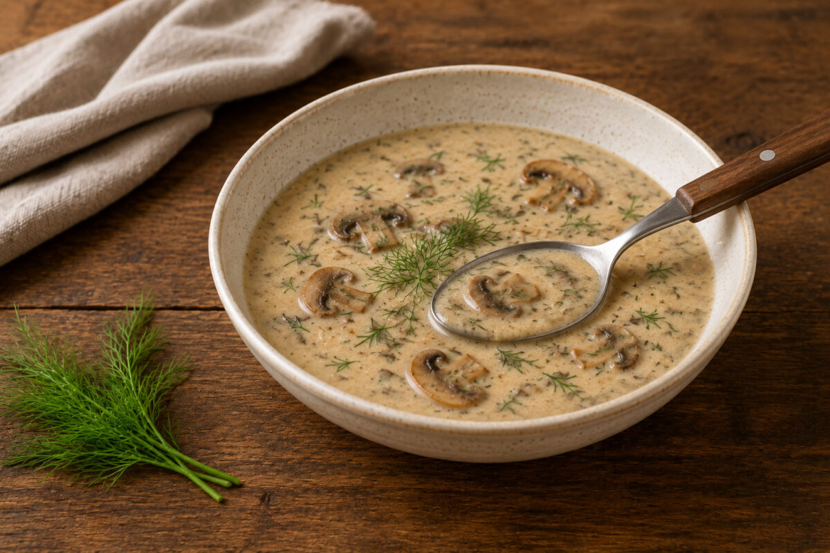 Fertige cremige Pilzsuppe mit Champignons und Dill aus deutlich anderer Perspektive; Löffel greift in die Suppe ein.
