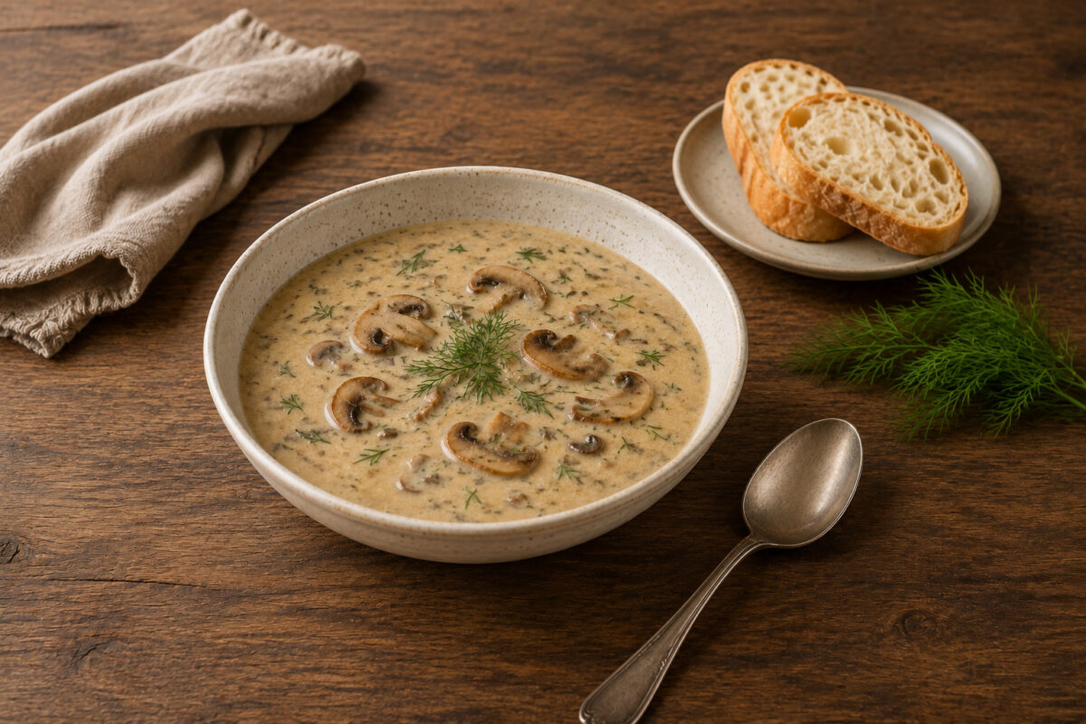 Fertige cremige Pilzsuppe mit Champignons und Dill in weiter gefasster Servierszene mit Löffel und schlichtem Baguette als Beilage.