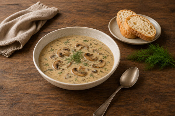 Fertige cremige Pilzsuppe mit Champignons und Dill in weiter gefasster Servierszene mit Löffel und schlichtem Baguette als Beilage.