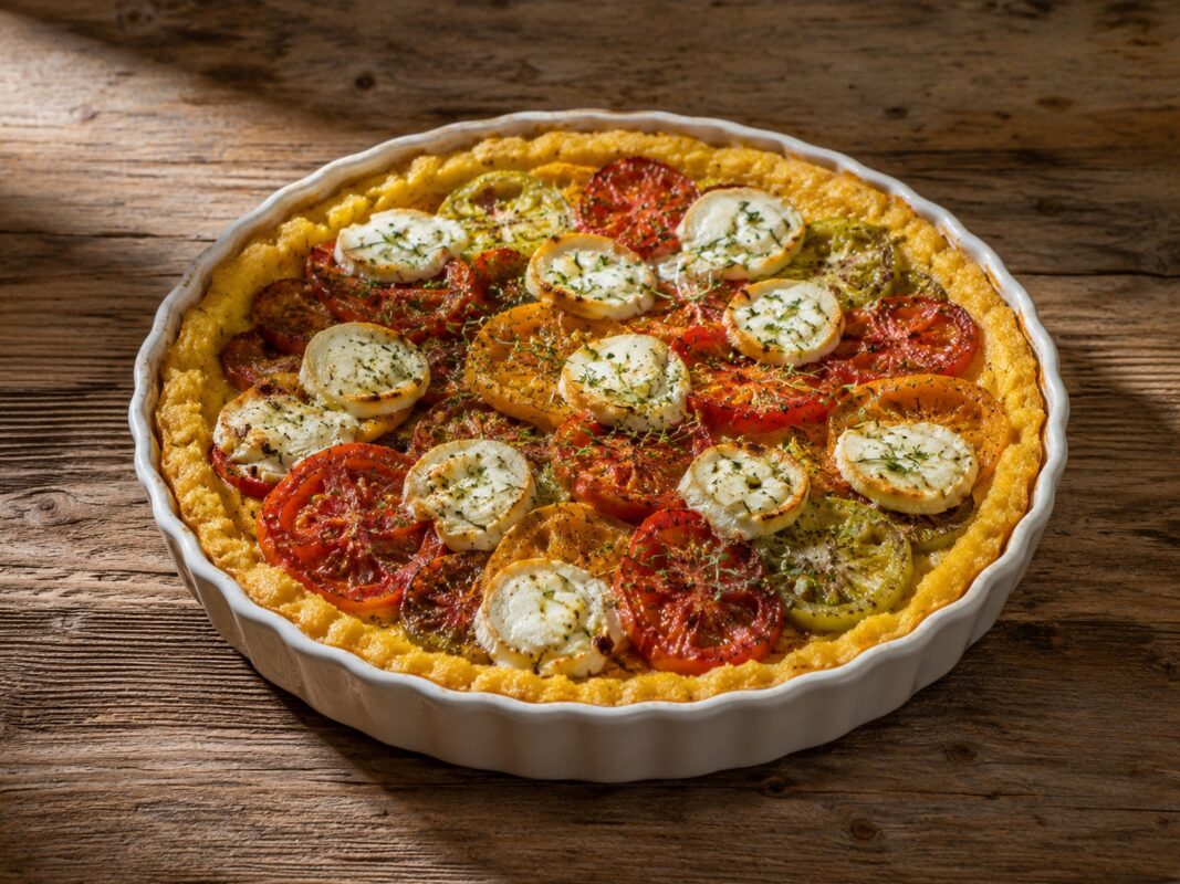 Runde Tarteform mit goldgelbem Polentaboden, bunten Tomaten und gebackenen Ziegenkäsescheiben.
